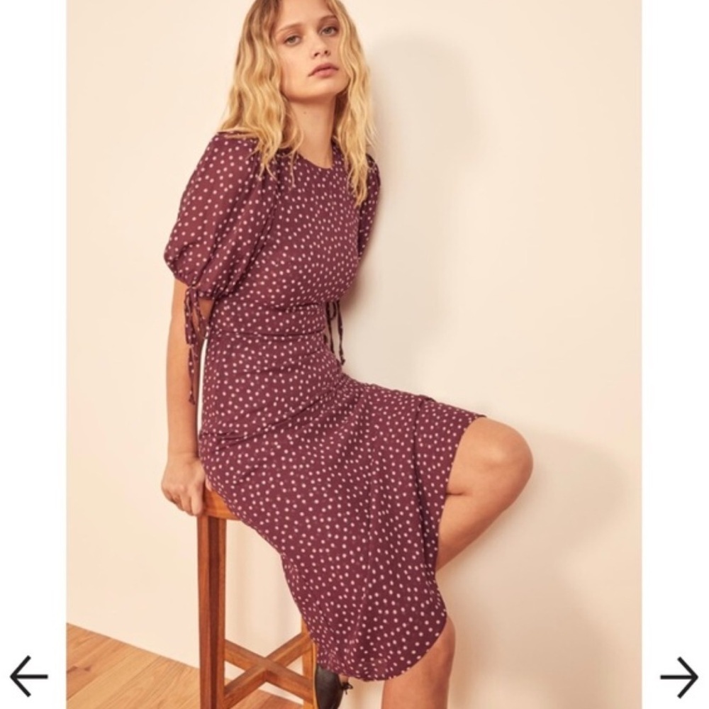 Reformation Plum Polka Dot Midi Dress